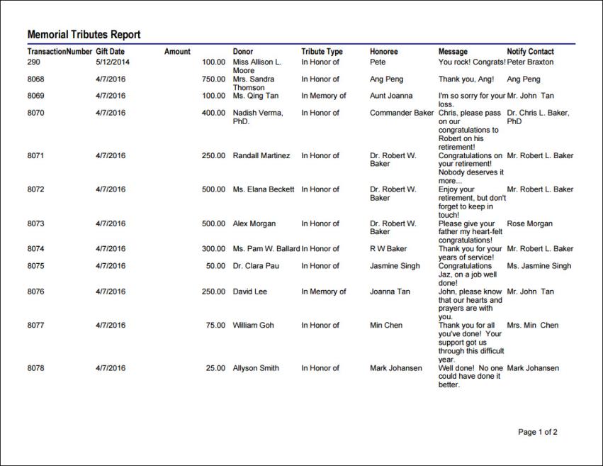 Viewing the Memorial Tributes with Contact Notify report example